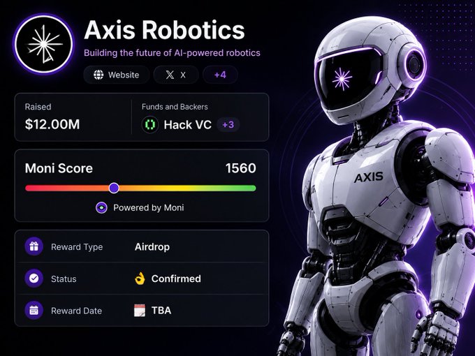 A promotional graphic for Axis Robotics featuring an astronaut-like robot, with $12.00M raised from Hack VC, a Moni Score of 1560, and Airdrop reward type with status confirmed.
