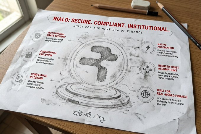 A sketch on paper outlining features for 'RIALO: SECURE. COMPLIANT. INSTITUTIONAL.', including Institutional Grade Security, Confidential Execution, and Compliance by Design.