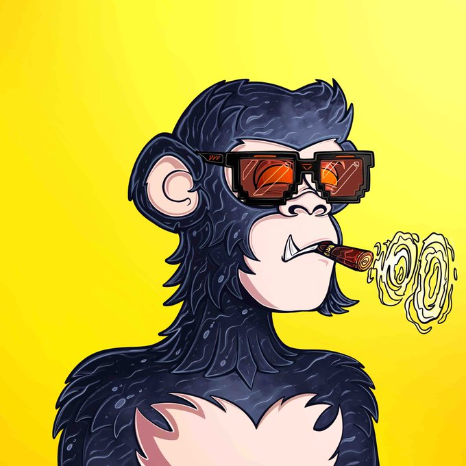 A cartoon illustration of a black gorilla wearing pixelated sunglasses, smoking a cigar, and exhaling rings of smoke against a bright yellow background.