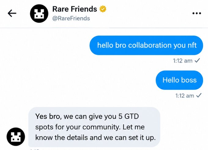 A screenshot of a Twitter DM conversation between a user and the verified "Rare Friends" (@RareFriends) account, where the user requests an NFT collaboration and Rare Friends responds, "Yes bro, we can give you 5 GTD spots for your community." This relates to the giveaway post promoting a free mint whitelist with guaranteed spots for the RareFriends NFT collection.