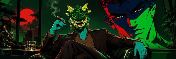 A stylized digital illustration showing a man wearing a green oni mask and suit smoking a cigar, with his blue-lit face reflected in green behind him.
