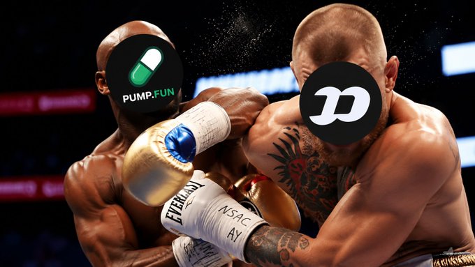 Two muscular fighters clash in a boxing match, but their faces are replaced with logos: a green pill labeled "PUMP.FUN" and a black circle with a stylized "D".