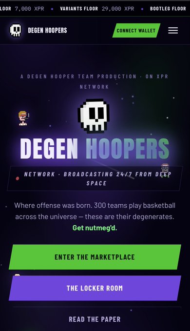 A screenshot of the 'Degen Hoopers' website on the XPR Network, featuring a pixel skull logo and text 'A DEGEN HOOPER TEAM PRODUCTION - ON XPR NETWORK, NETWORK - BROADCASTING 24/7 FROM DEEP SPACE, Where offense was born. 300 teams play basketball across the universe — these are their degenerates.'