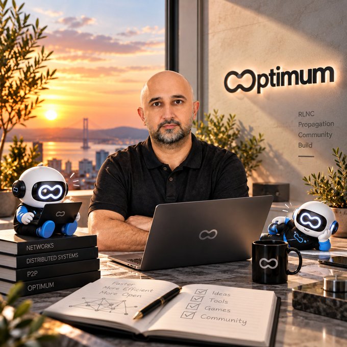 A promotional-style image of a bald man at a desk with a laptop, surrounded by small white robot mascots, a notebook, and books labeled 'NETWORKS', 'DISTRIBUTED SYSTEMS', 'P2P', 'OPTIMUM', with 'optimum' logo and text 'RLNC Propagation Community Build'.