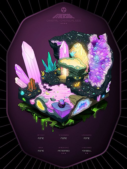 A stylized digital illustration of a crystalline cave formation labeled 'MINERAL CRYSTAL - CHEMICAL 000' featuring glowing pink, purple, and teal crystals emerging from a dark rocky outcrop, with stat labels indicating 'ARTIFACTS: NONE', 'RESOURCE: PETRIFIED', and 'RESOURCE: KINSOUL'.