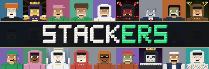 The image features the pixelated logo "STACKERS" surrounded by rows of diverse 8-bit character portraits in various outfits and colors. It serves as a branding graphic for the "$STACK" cryptocurrency ticker being promoted, visually representing the community of players or holders associated with the project.