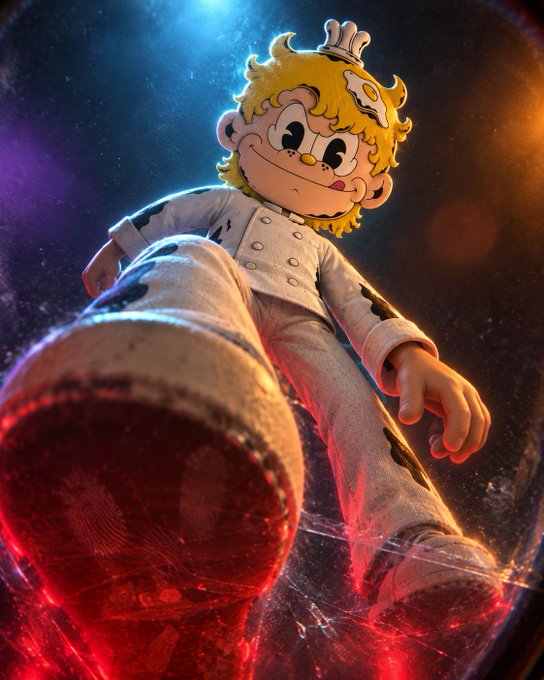 A dramatic low-angle shot of a chef figurine stepping forward with a glowing red boot, set against a cosmic, fiery background.