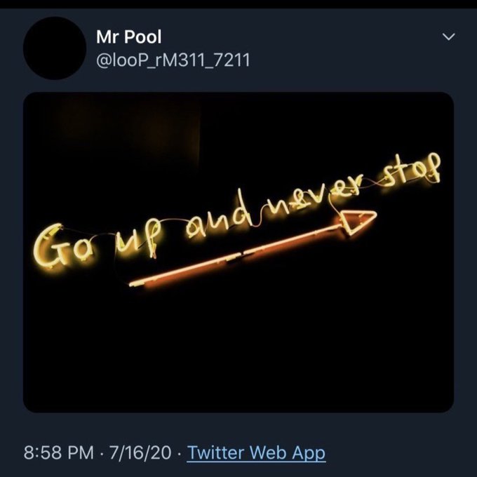 A tweet from "Mr Pool" (@looP_rM311_7211) features a glowing yellow neon sign reading "Go up and never stop" with an upward-pointing arrow, symbolizing bullish momentum. The image visually reinforces the post's optimistic message about XRP's recent gains and the author's confidence in continued upward price action.