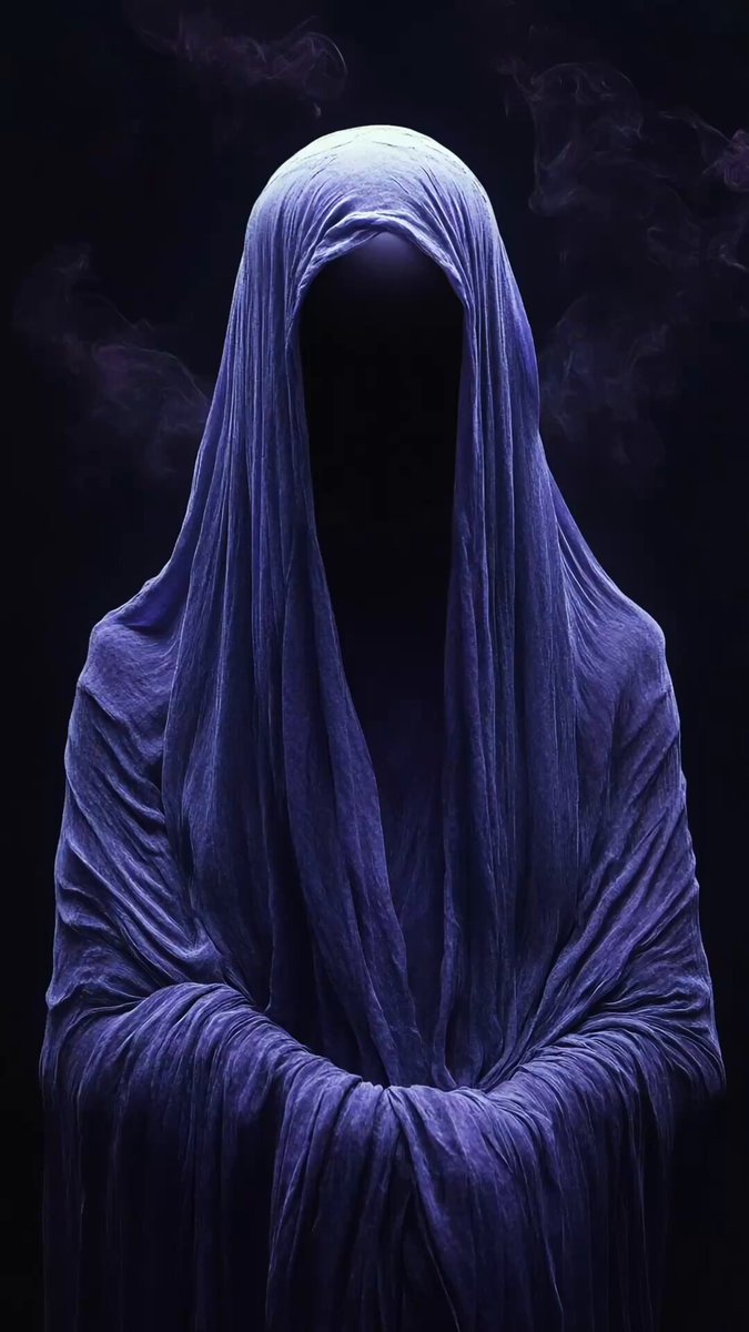 The image features a person wearing a blue robe or cape, which appears to be made of fabric with a purple hue. The person's face is not visible due to the hood covering their head. The background is dark and out of focus, drawing attention to the person in the foreground. There are no other objects or texts present in the image.