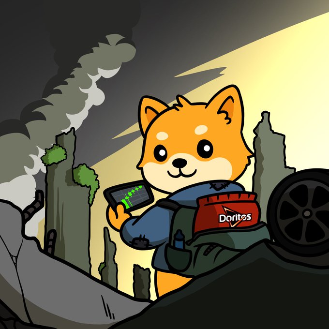 A cartoon Shiba Inu character holds a device with a green heartbeat-style chart while gripping a bag of Doritos, with a massive Charizard and destroyed cityscape looming in the background—matching the "Tic tac tic tac" countdown tension of the Baby Bonk post. The text "Doritos" is visible on the snack bag.