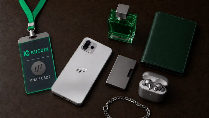 A KuCoin lanyard badge displaying "MHA / USDT" sits on a dark surface alongside a smartphone, wallet, earbuds, perfume, and accessories, visually promoting the upcoming Magic Hash ($MHA) listing on KuCoin.