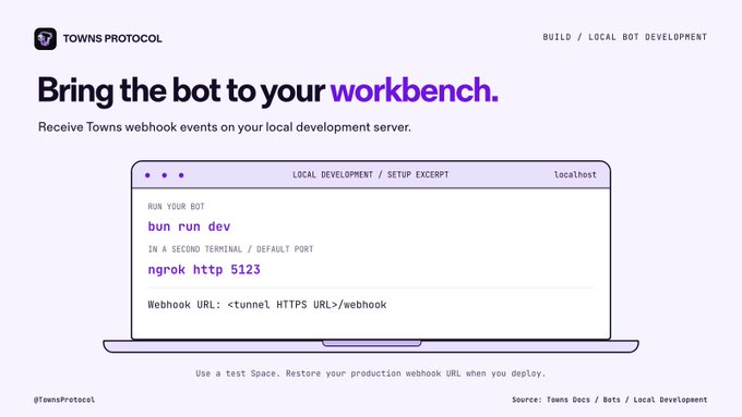 A Towns Protocol documentation page titled 'Bring the bot to your workbench' shows setup instructions for local bot development with code snippets for 'bun run dev' and 'ngrok http 5123'.