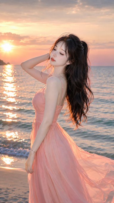 A woman with long dark hair wearing a flowing pink dress, standing on a beach at sunset with her hand behind her head.