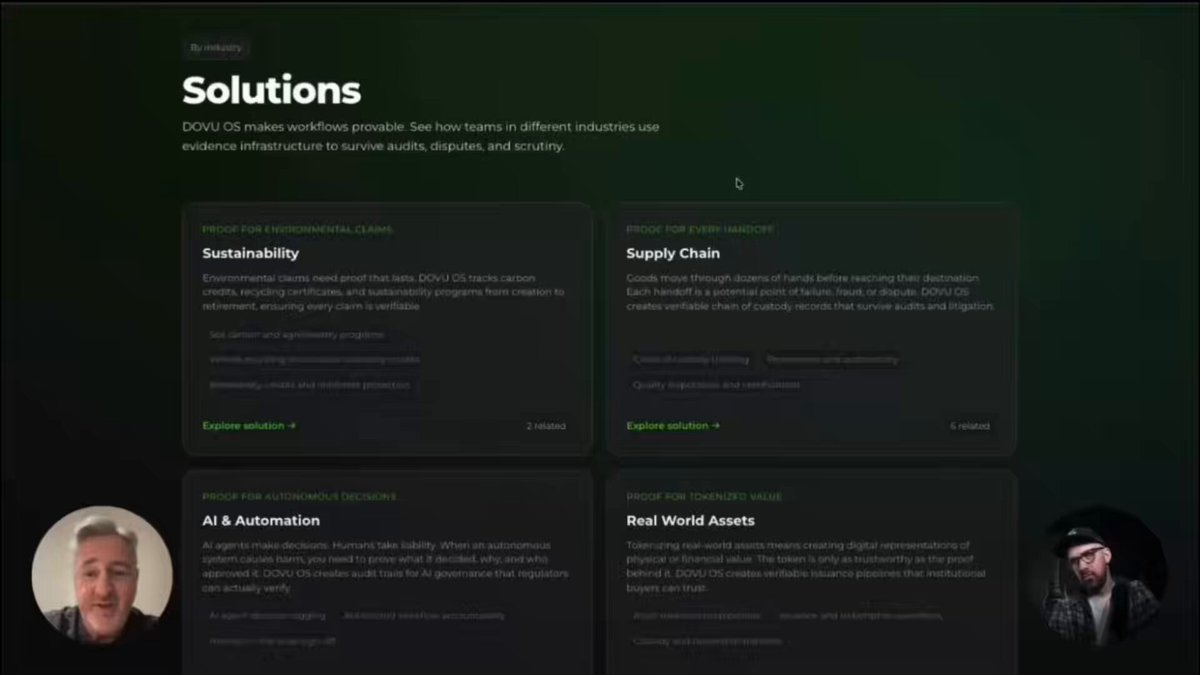 The image shows a screenshot of a website with a green background that displays information about different types of sustainability assets. The text on the screen reads "Solutions", which indicates that this is an article or page discussing various solutions related to sustainability. There are two people in the image, one person wearing a hat and another person wearing a shirt. They appear to be engaged in conversation or looking at the content displayed on the website.