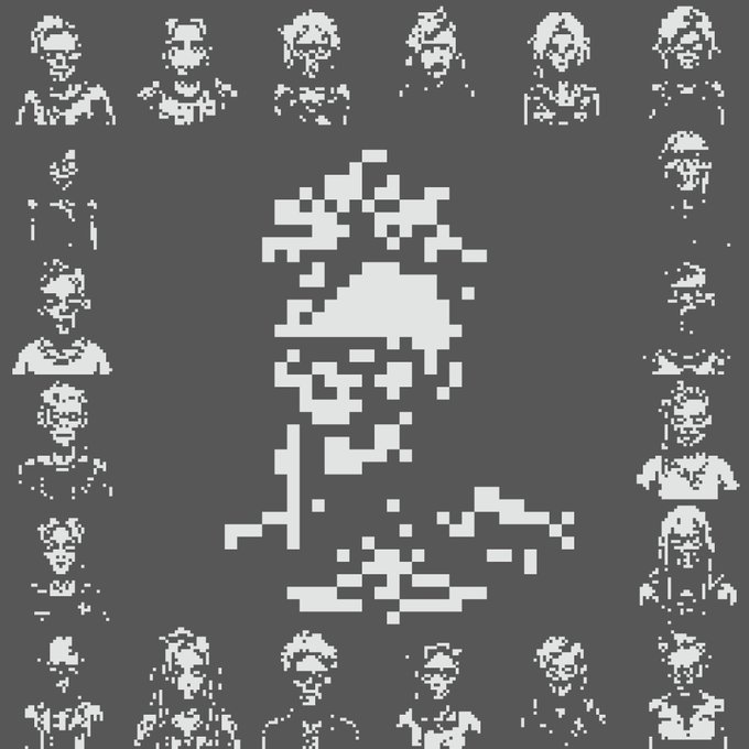 A collection of pixel art character sprites arranged in a grid pattern, featuring various portraits and figures on a dark grey background.