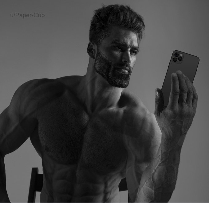 A black-and-white photograph shows a muscular, bearded shirtless man taking a selfie with a smartphone, with 'u/Paper-Cup' labeled in the top left corner.