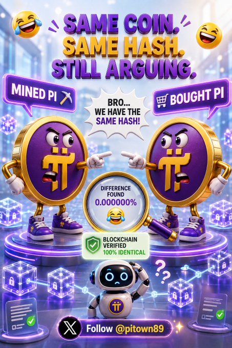 A meme graphic titled "SAME COIN, SAME HASH, STILL ARGUING" featuring two anthropomorphic Pi coins arguing, one labeled "MINED PI" and the other "BOUGHT PI", with text confirming the blockchain hash is 100% identical, credited to @pitown89.