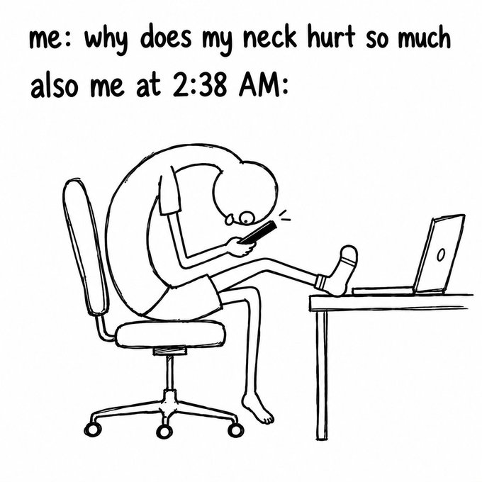 The image features a cartoon depiction of a man sitting at a desk using his cell phone, with his legs crossed over each other as if he's bent over the table. The caption below the image reads "Me: Why does my neck hurt so much also me at 2:38 am.:", which is related to the content of the post about Hyperliquid.