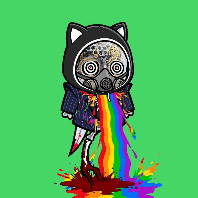 A stylized cartoon figure with a black cat-eared hood and a mechanical gas mask face wears a pinstripe suit, standing on a green background while a rainbow stream and red liquid pour from its torso.