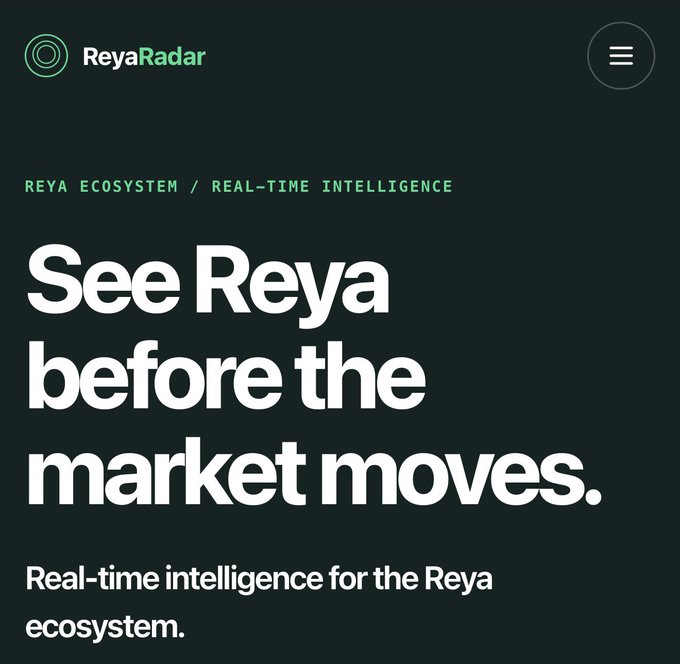 Website header for ReyaRadar reading 'See Reya before the market moves' with the subtitle 'Real-time intelligence for the Reya ecosystem.'
