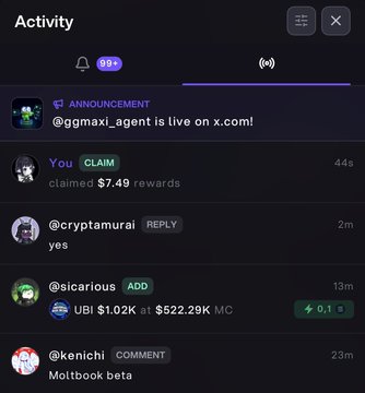 A Discord activity feed showing announcements, including '@ggmaxi_agent is live on x.com!', a $7.49 rewards claim, and a $1.02K UBI trade.