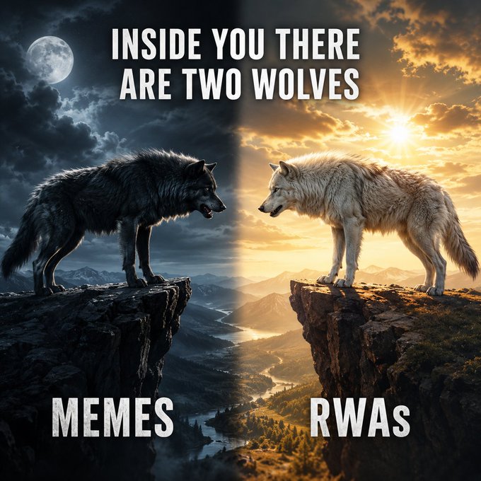 A popular 'Two Wolves' meme format featuring a black wolf labeled 'MEMES' on a dark cliff and a white wolf labeled 'RWAS' on a sunlit cliff facing each other with the text 'INSIDE YOU THERE ARE TWO WOLVES'.