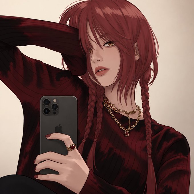 An anime-style illustration of a red-haired woman taking a selfie with a black iPhone, wearing a red sweater and gold necklaces.