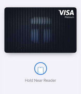 A dark blue Visa Platinum credit card with vertical striped texture is displayed above a mobile payment interface showing a card icon and the instruction 'Hold Near Reader'.