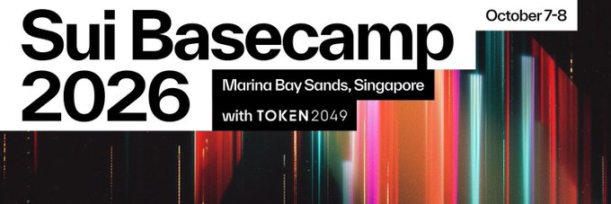 A promotional banner for 'Sui Basecamp 2026' event at Marina Bay Sands, Singapore with TOKEN2049, scheduled for October 7-8, featuring colorful vertical light streaks.