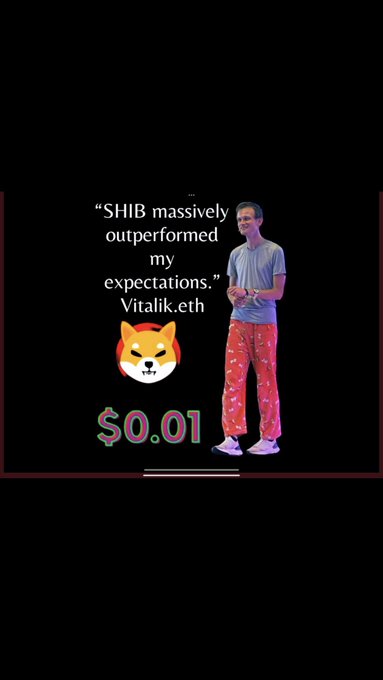 The image features a man standing next to a computer screen with a message that reads "SHIB I TRUST, HOLD I MUST MY ENTIRE NET WORTH AND FINANCIAL ASSETS DEPEND ON THESE TWO GREAT PEOPLE @VitalikButerin @ShytoshiKusama". The man is dressed in red pajamas and has his hands on his hips.