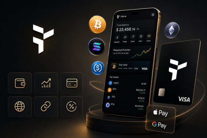 The image showcases a sleek smartphone displaying the Tria app interface with a total balance of $23,456.78, alongside a black Visa card with the Tria logo, surrounded by cryptocurrency icons (Bitcoin, Solana, USDC) and feature icons representing deposit, trade, lend, earn, and payment options including Apple Pay and Google Pay. The visual directly supports the post by illustrating Tria's Web3 platform offering seamless multi-blockchain interoperability and account abstraction, enabling users to manage assets like USDC, BTC, SOL, and ETH while bridging decentralized finance with traditional payment methods.
