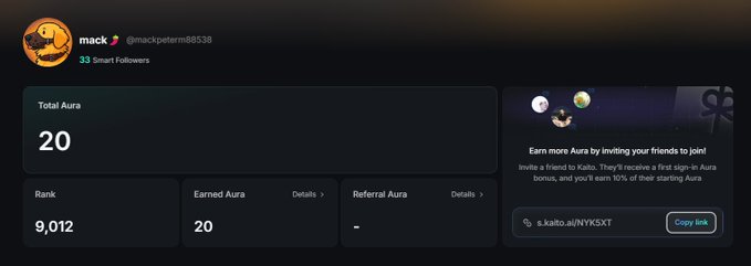 A screenshot of a Kaito platform profile showing 20 Total Aura, Rank 9,012, and a referral code/link to b.kaito.ai/NYKSXT.