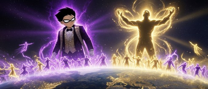 The focus of the image is a cartoon character standing in front of another character who has wings, possibly representing a superhero. The characters are depicted in purple and yellow colors against a starry backdrop, creating a sense of wonder and excitement. The background shows people scattered around, possibly from various comic book or movie references to a futuristic setting. This visually appealing image appears to be related to the post discussing the concept of "manifesting," which suggests that the character might have emerged from thin air or been created by humans for entertainment purposes.