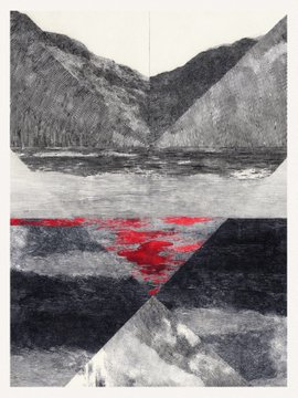 A black-and-white sketched landscape of mountains and water, accented with a striking red triangular shape in the center, divided into geometric panels.