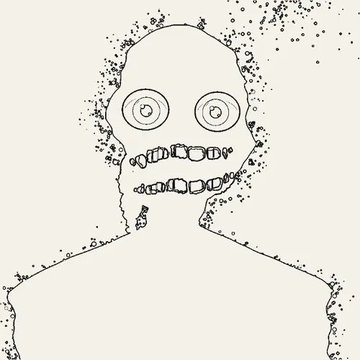 A black and white hand-drawn sketch of a creepy humanoid figure with large round eyes and an unsettling toothy grin on a beige background.