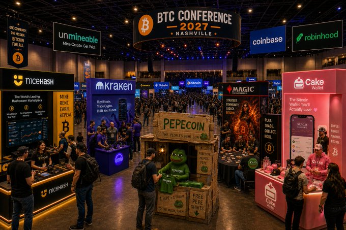A bustling scene at the 'BTC CONFERENCE 2027 NASHVILLE' featuring various crypto booths such as Kraken, Coinbase, Robinhood, NiceHash, and a Pepecoin stand with the Pepe character mascot.