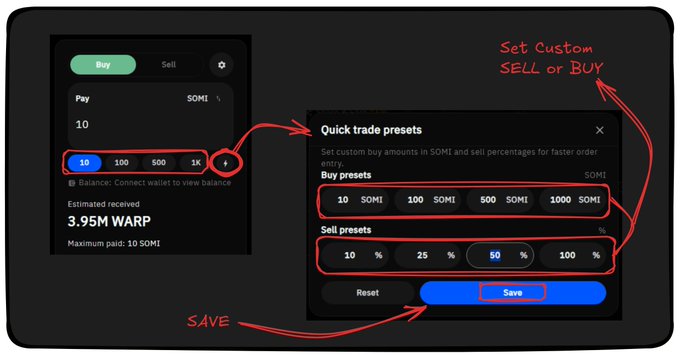 A tutorial screenshot showing how to set custom buy and sell presets in a trading interface, with red arrows pointing to the preset buttons and the 'Save' button.
