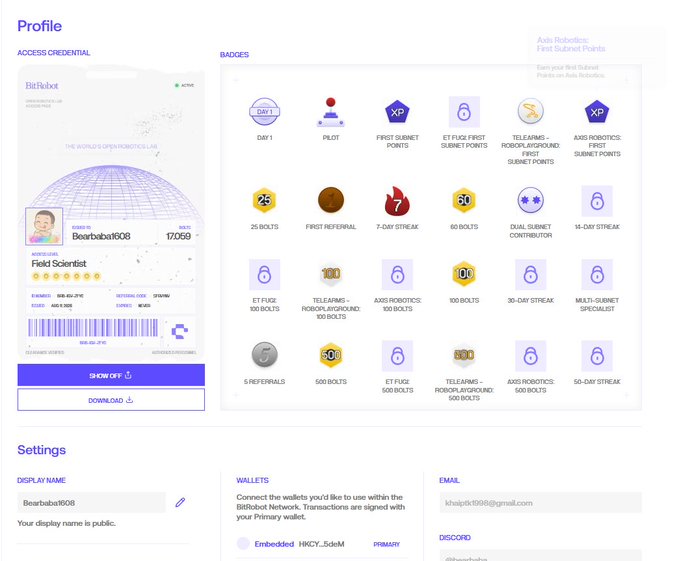 A user profile dashboard for 'BitRobot' shows access credentials, badges earned (including streaks, referrals, and robotics milestones), and settings for a user named 'Bearbaba1008'.