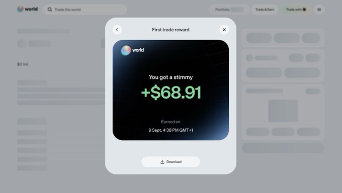 A pop-up notification from World (world_xyz) celebrates a "First trade reward" of "+$68.91" earned on 9 Sept, 4:38 PM GMT+1, with a "You got a stimmy" message in green text. This corresponds to the post claiming free money from @world_xyz, showcasing the actual reward notification received.