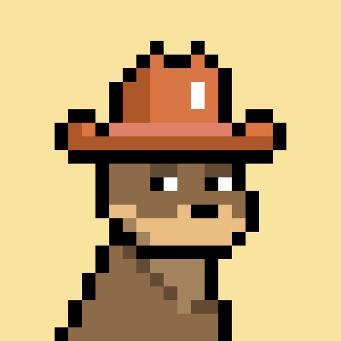 Pixel art portrait of a character wearing an orange beanie hat against a beige background.