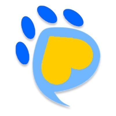 A logo featuring a blue and yellow design with curved shapes resembling a paw print or speech bubble.