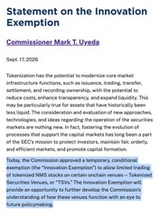 A formal Statement on the Innovation Exemption issued on September 17, 2025 by Commissioner Mark T. Uyeda of the SEC, which supports the temporary, conditional Innovation Exemption enabling limited trading of tokenized stocks on onchain venues via AMMs and liquidity pools, as highlighted in the accompanying post.