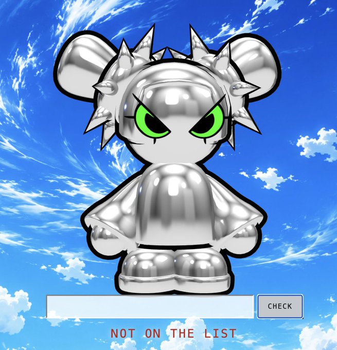 A chrome-like cartoon figure with spiky hair buns and glowing green eyes floats above a blue sky background, accompanied by a "CHECK" button and the red text "NOT ON THE LIST," humorously echoing the poster's expression of missing out on the NFT mint they can't attend.