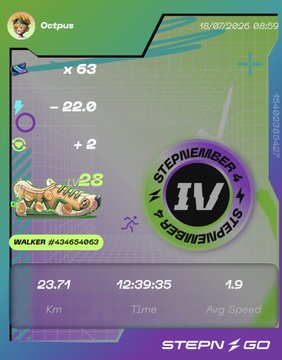 A screenshot from the STEPN GO fitness app showing a user's progress, including a 'STEPNEMBER IV' badge, 23.71 km walked, and a time of 12:39:35.
