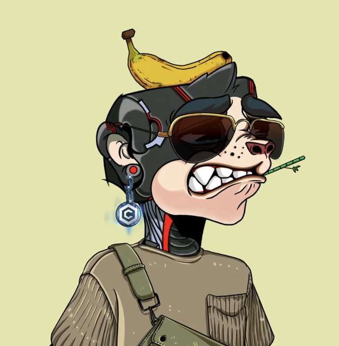 A digital cartoon illustration of a cyborg or monkey-like character with a banana on its head, wearing sunglasses, an earring with a hexagonal pendant, and holding a straw in its mouth.
