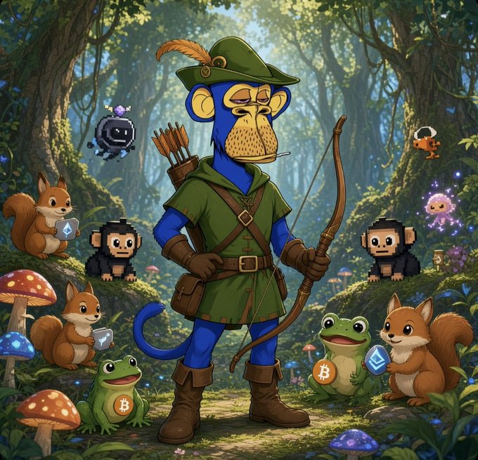 Cartoon illustration of a blue monkey dressed as a Robin Hood-like archer in green attire, surrounded by woodland creatures (squirrels, frogs, monkeys) holding Bitcoin and Ethereum logos in a magical forest.