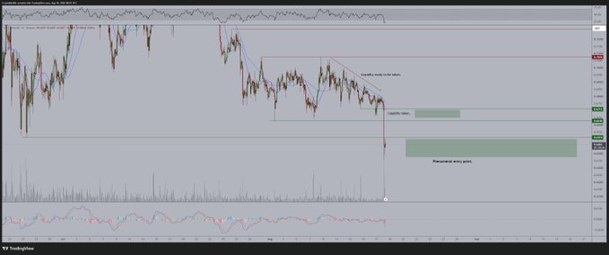 A TradingView chart of $SUI/USDT displays a classic liquidity sweep pattern with annotations highlighting a "healthy retrace to be taken" and an "ideal entry zone," alongside a projected "Reversal entry zone" marked by green shaded areas, illustrating the high-volume stop hunt and potential bounce opportunity mentioned by the trader.