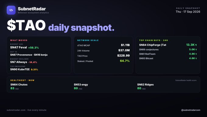 A 'SubnetRadar' daily snapshot dashboard for the $TAO token dated Thu 17 Sep 2026, displaying market data including a $1.11B market cap, $228.99 TAO price, and subnet health scores for SN64 Chutes, SN53 engy, and SN62 Ridges.