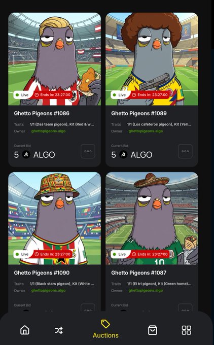 A mobile app screen shows live auctions for 'Ghetto Pigeons' NFTs (#1086, #1089, #1090, #1087) with current bids at 5 ALGO, each featuring a stylized pigeon character in a stadium setting.