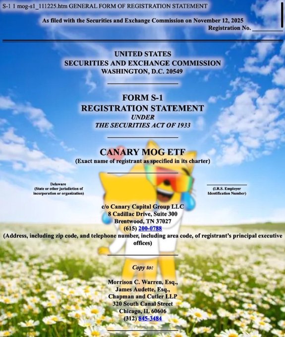 The image shows a field of flowers with a yellow bird sitting among them, possibly a cartoon character or mascot. The text in the image reads "MogCoin ETF will hit the 401ks like crack did in the 80s". This suggests that the image is related to an advertisement for the MogCoin ETF, which is a cryptocurrency exchange.